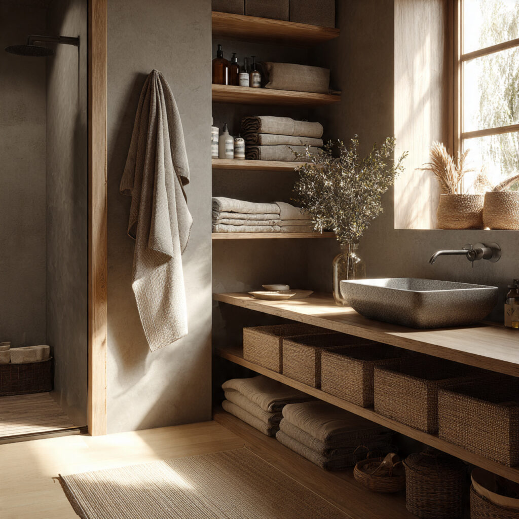 22 Japandi Bathroom Design Ideas for a Calm, Minimal, and Modern Look 16 japandi bathroom with soft linen textiles