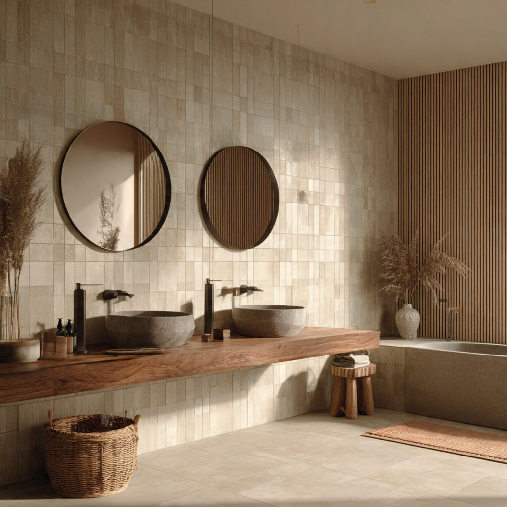 22 Japandi Bathroom Design Ideas for a Calm, Minimal, and Modern Look 10 japandi bathroom with textured walls in neutral