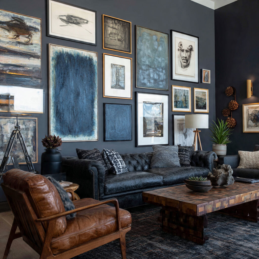 large artwork adds personality to moody living
