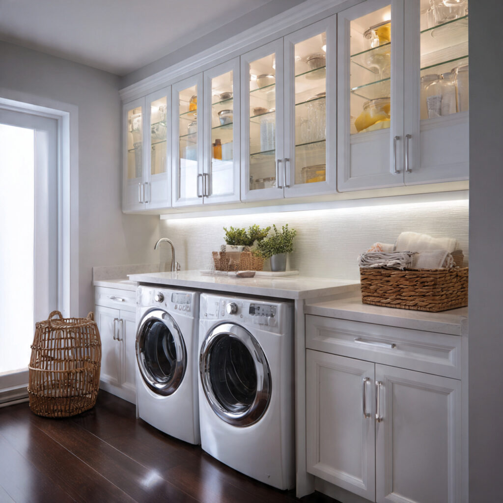 26 Modern Laundry Room Ideas That Are Functional and Instagram-Worthy 19 laundry room with glass cabinet doors