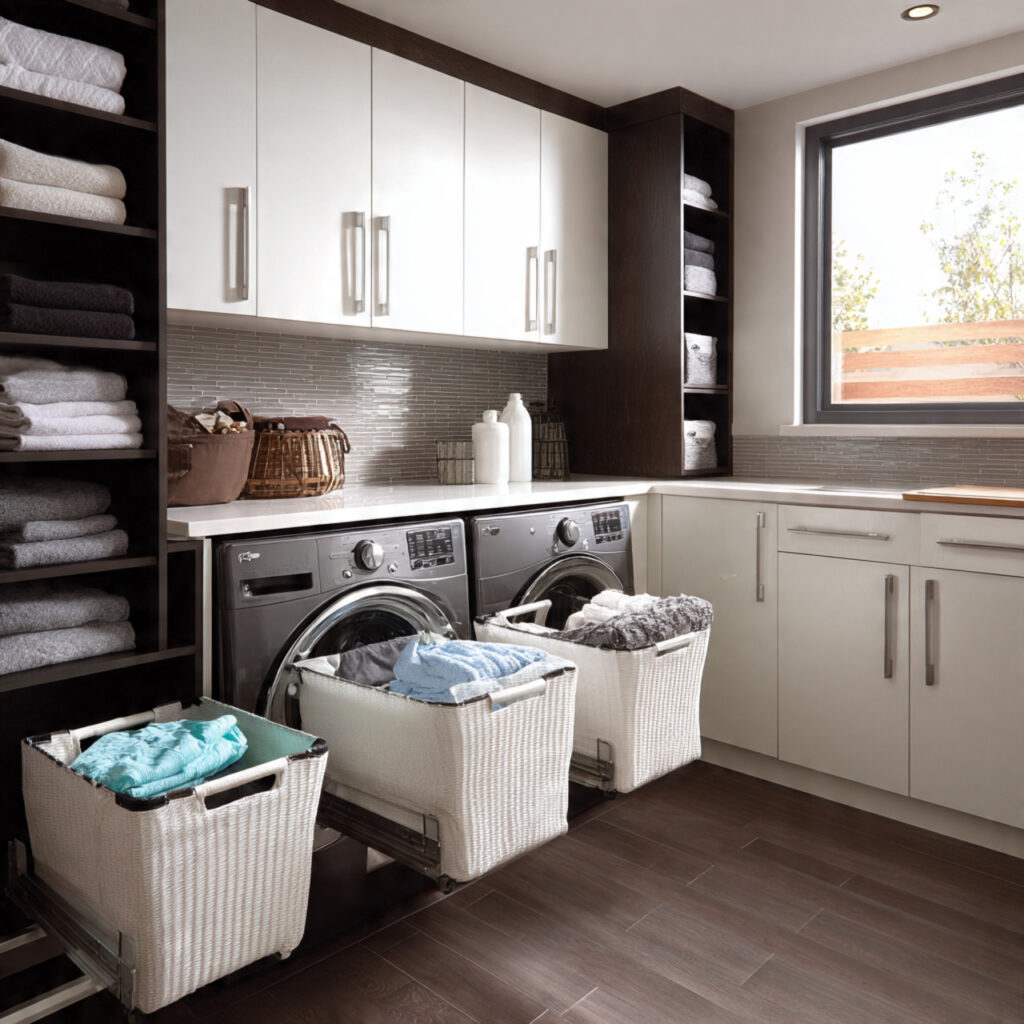26 Modern Laundry Room Ideas That Are Functional and Instagram-Worthy 17 laundry room with pull out hampers pull out hampers