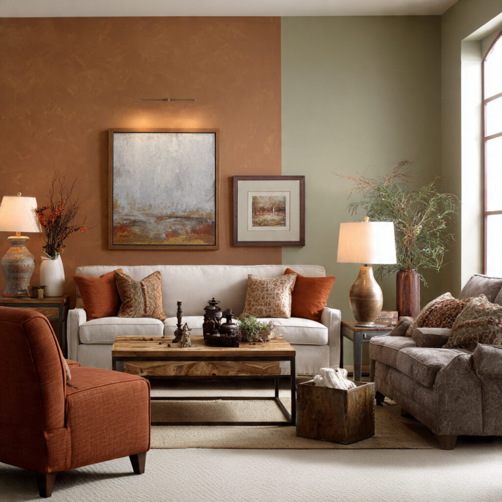 living room with earthy accent wall an