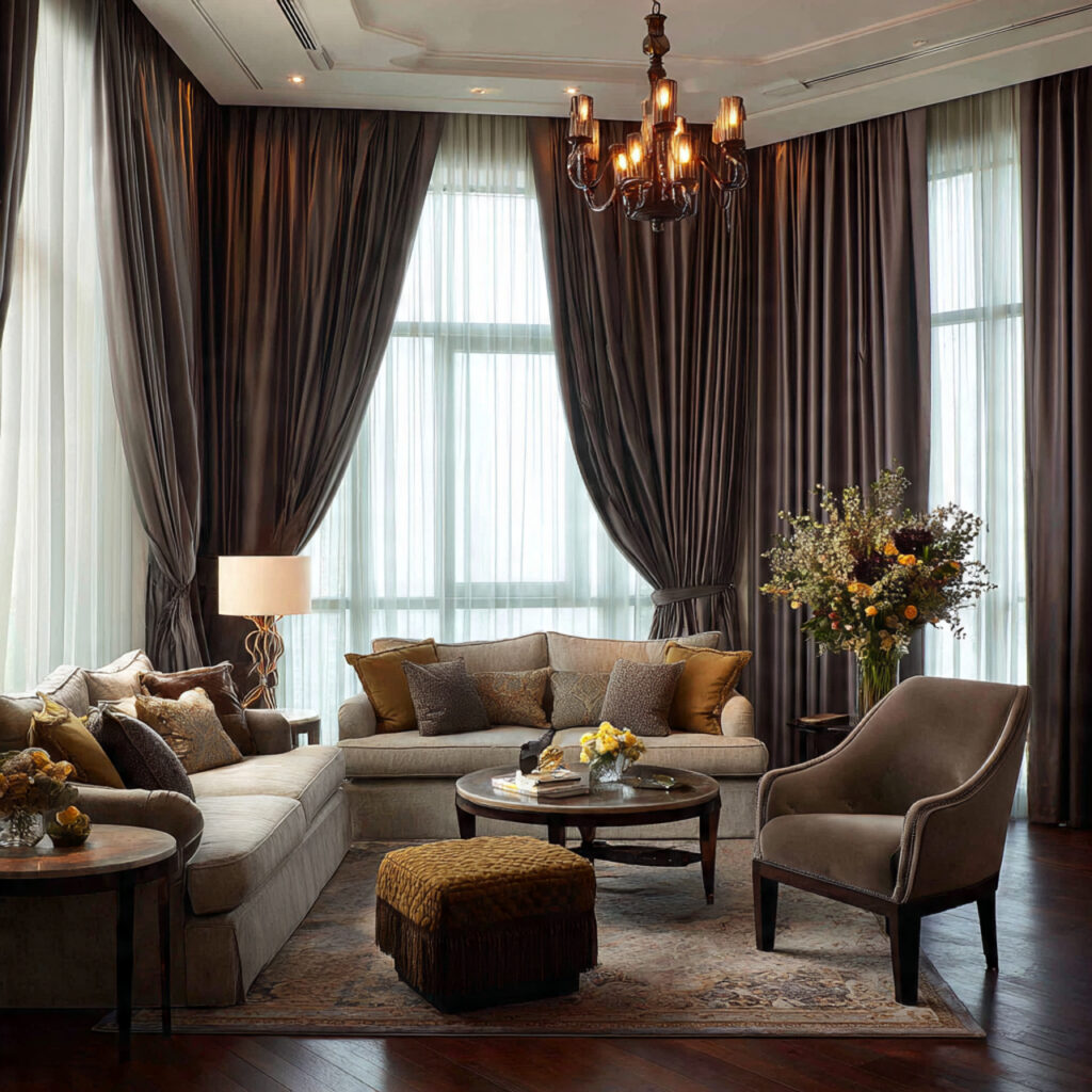 luxurious living room with dark floor length curtains