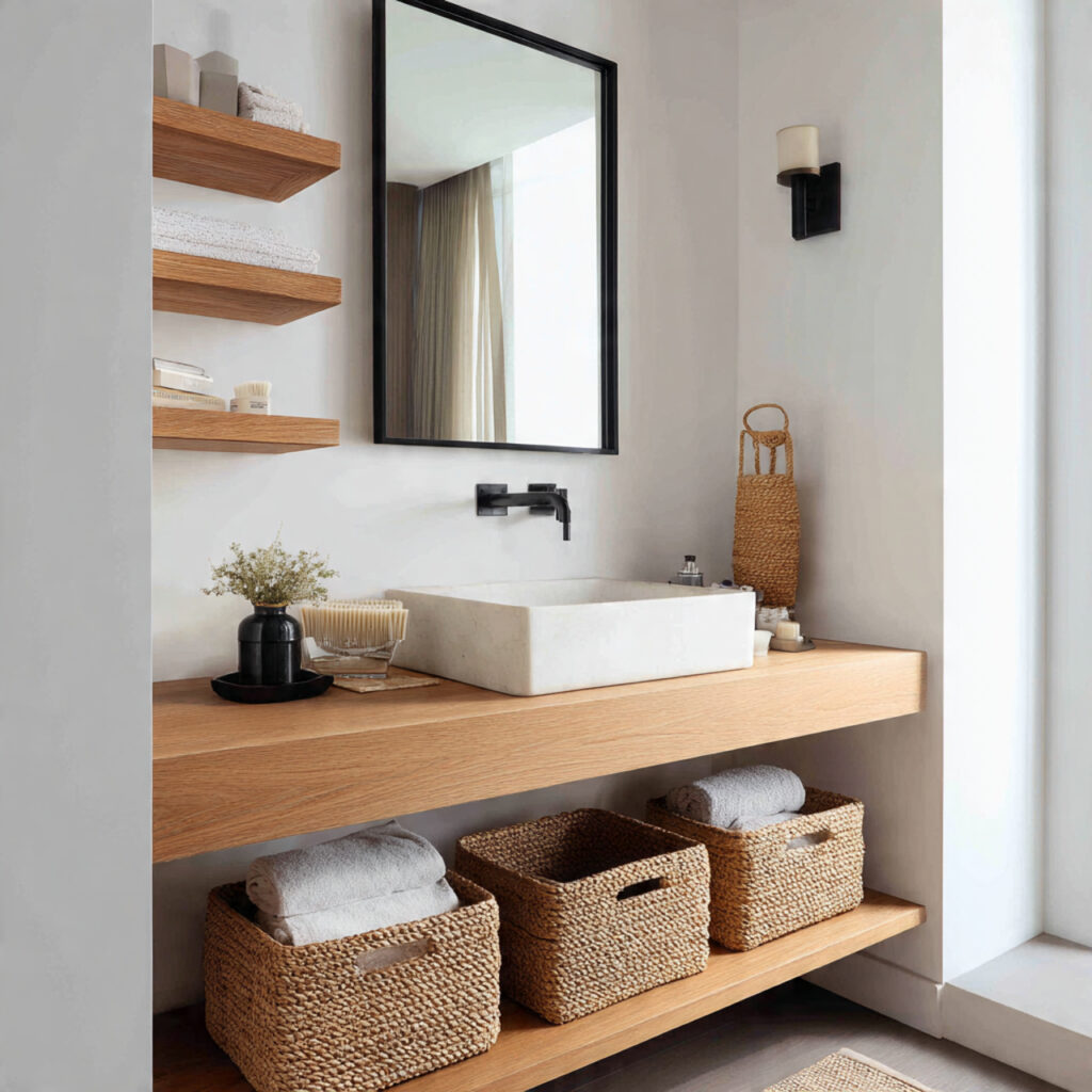 minimal floating shelf vanity in a modern