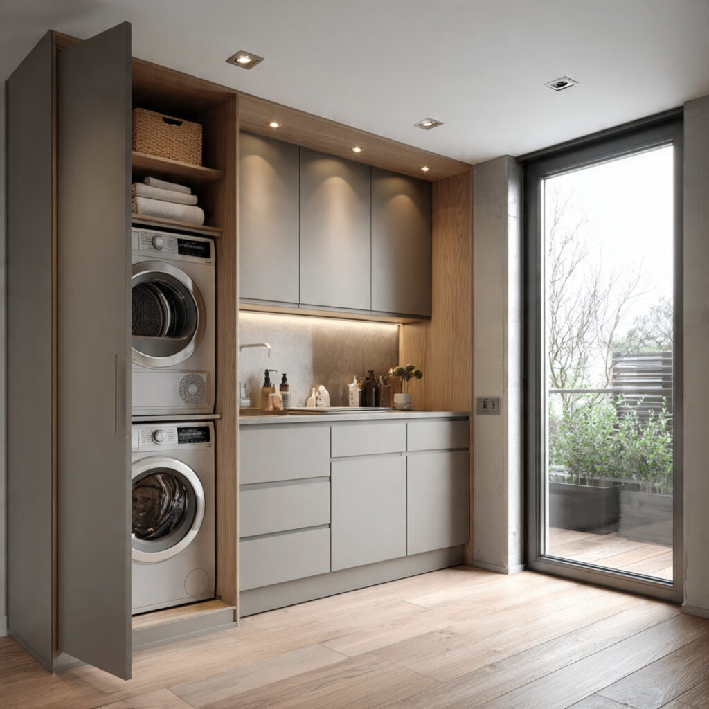 26 Modern Laundry Room Ideas That Are Functional and Instagram-Worthy 8 modern laundry room with hidden appliances