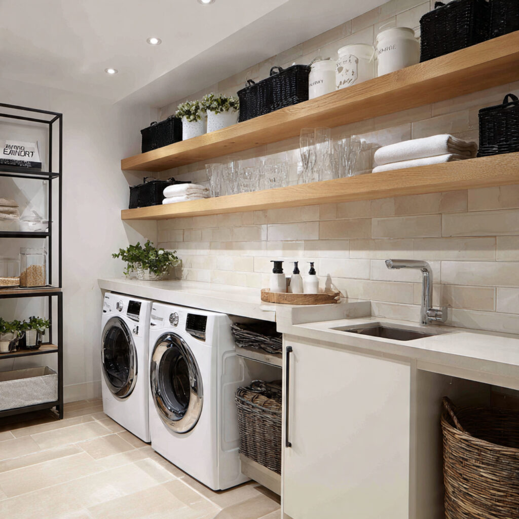 26 Modern Laundry Room Ideas That Are Functional and Instagram-Worthy 5 modern laundry room with open shelving