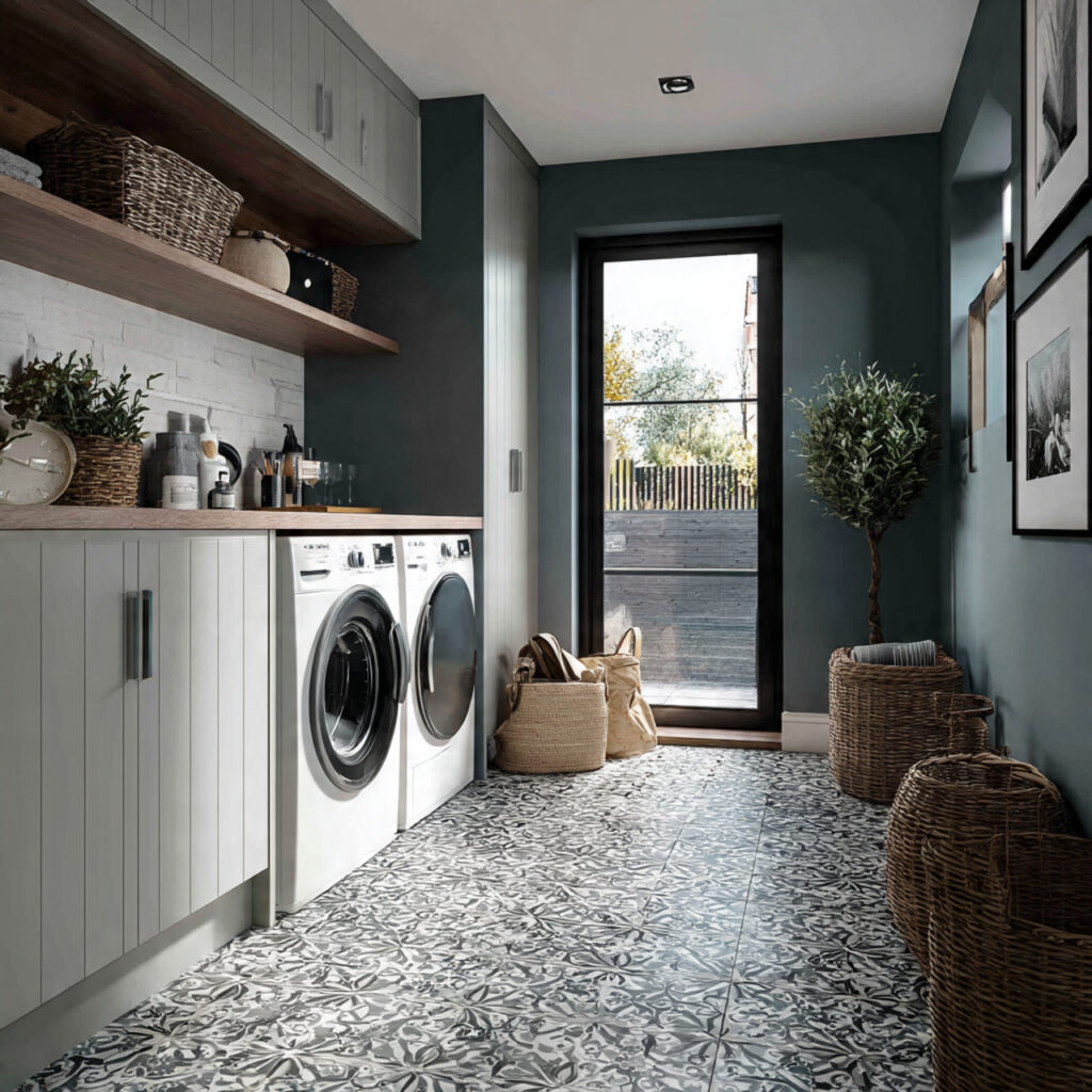 26 Modern Laundry Room Ideas That Are Functional and Instagram-Worthy 18 modern laundry room with statement floor tiles