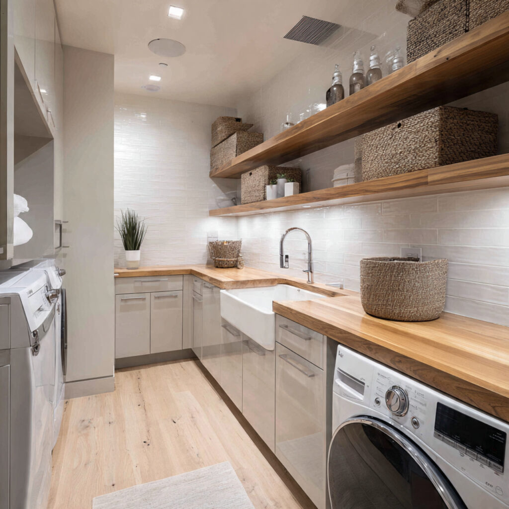 26 Modern Laundry Room Ideas That Are Functional and Instagram-Worthy 13 modern laundry room with warm wood elements