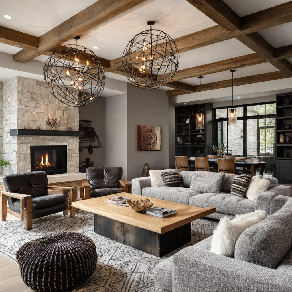modern rustic living room with statement lighting