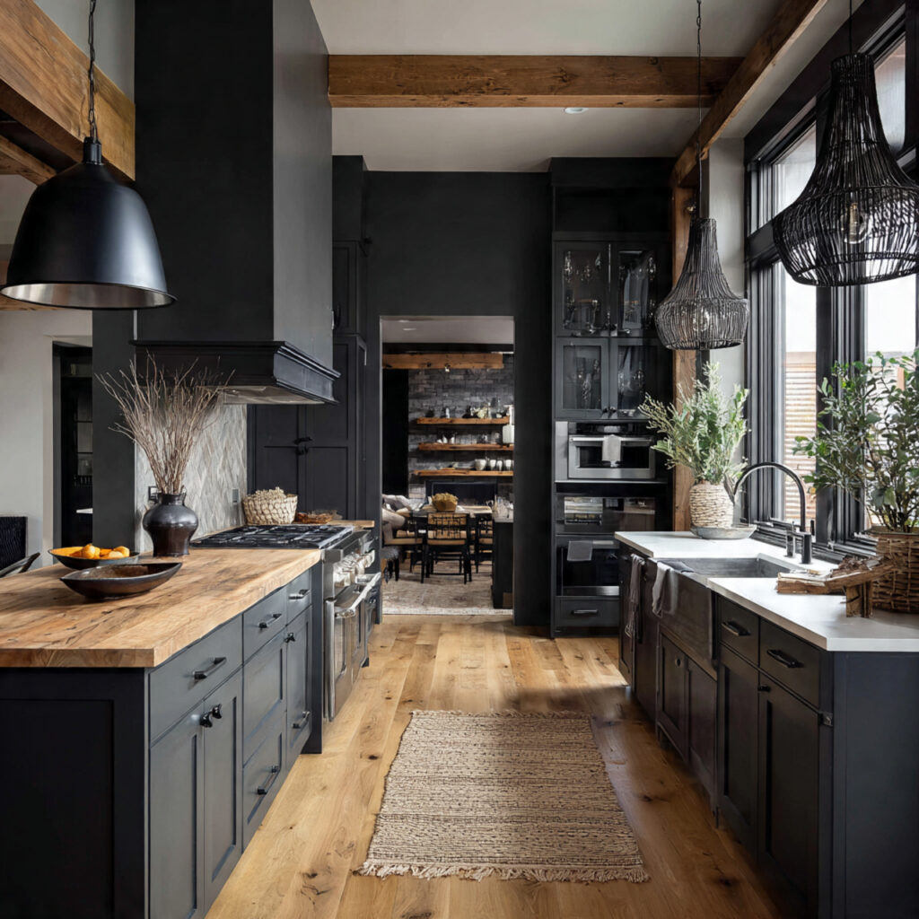 moody farmhouse kitchen with black or charcoal