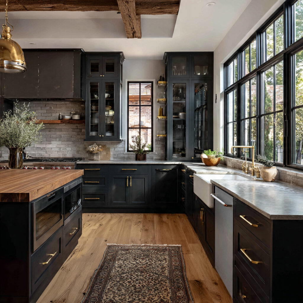 moody farmhouse kitchen with mixed metal finishes