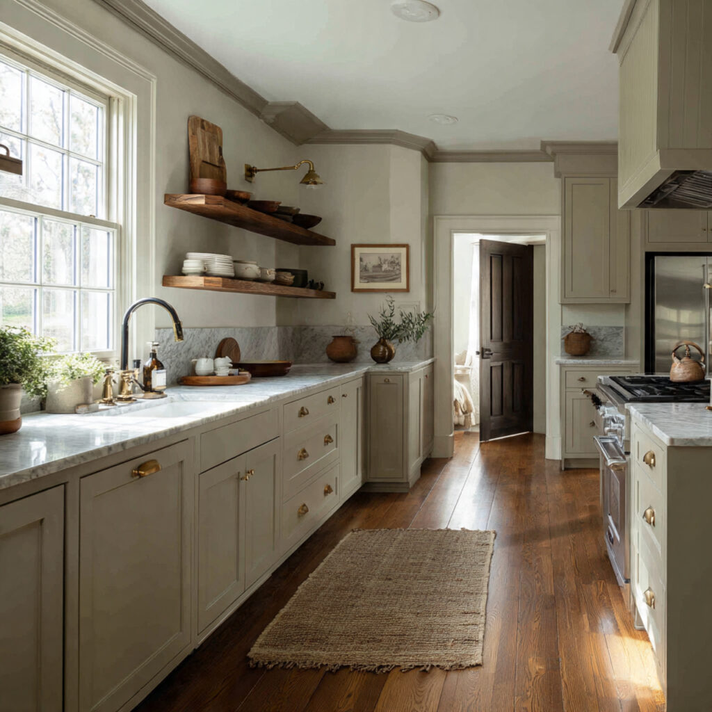 moody farmhouse kitchen with soft neutral walls