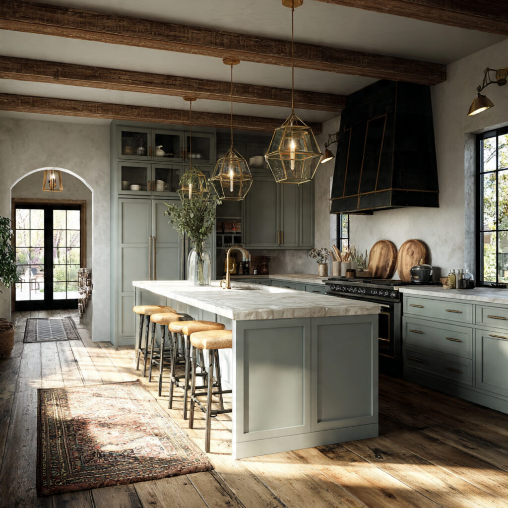 moody farmhouse kitchen with soft warm lighting