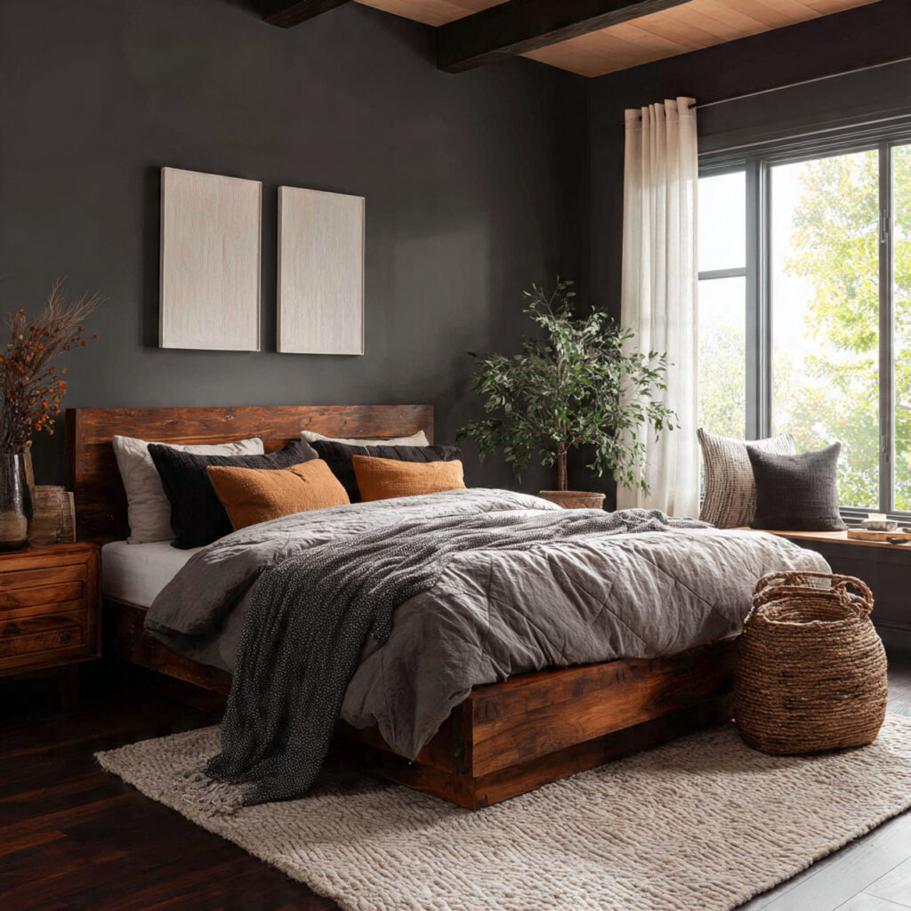 natural wood adds warmth to dark boho