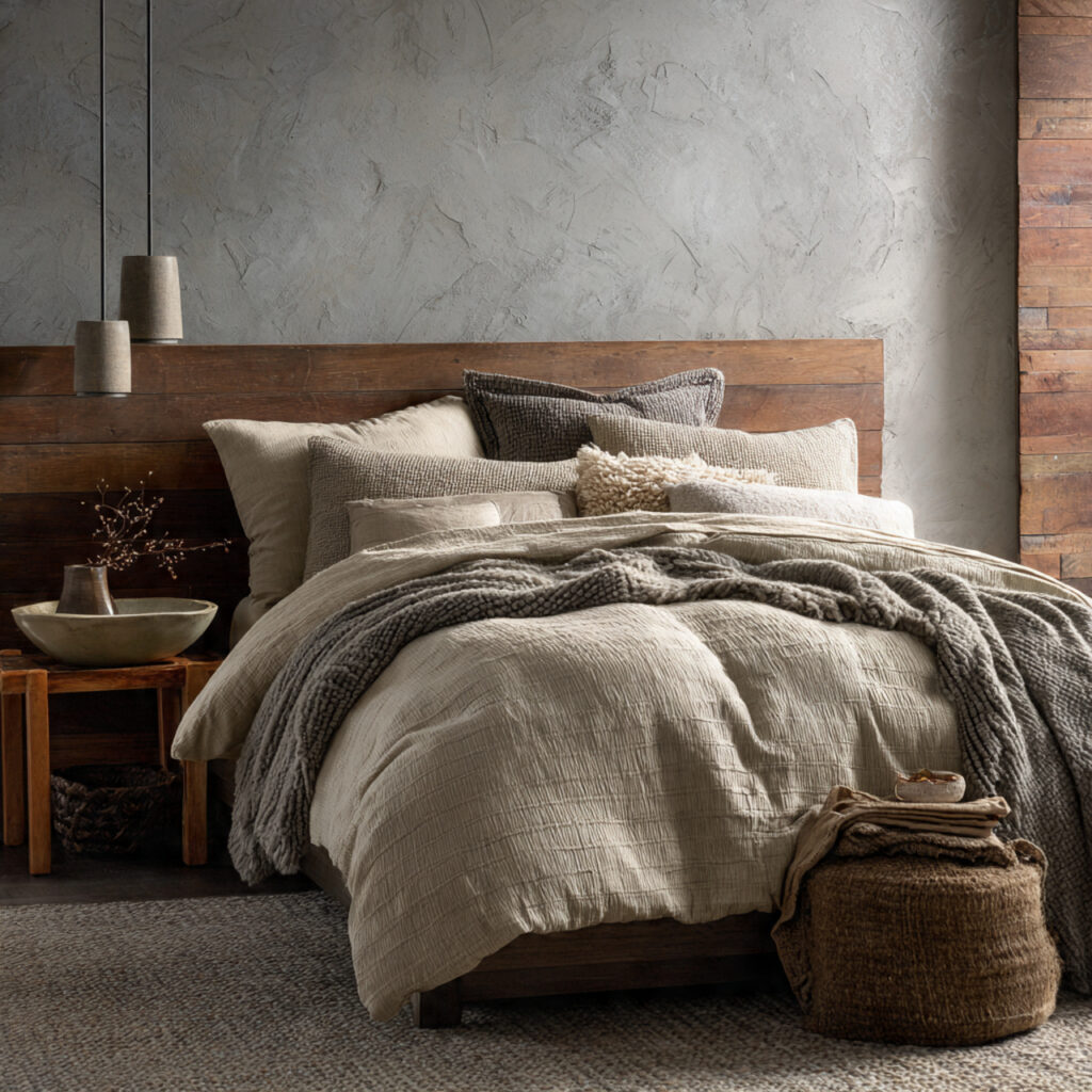 neutral textured bedding layers create depth and