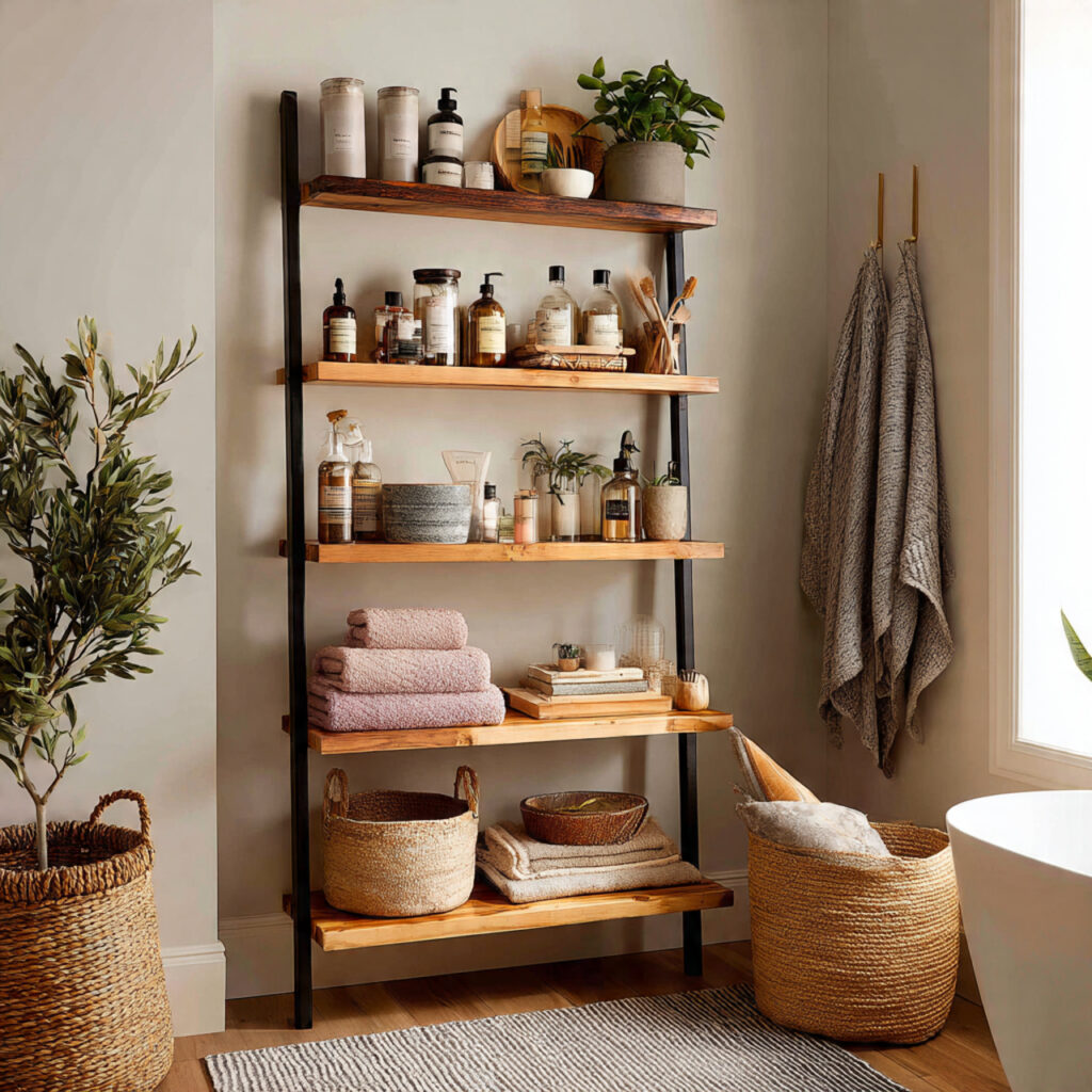 23 Boho Style Bathroom Ideas That Feel Relaxed and Aesthetic 5 open shelving supports the relaxed boho look
