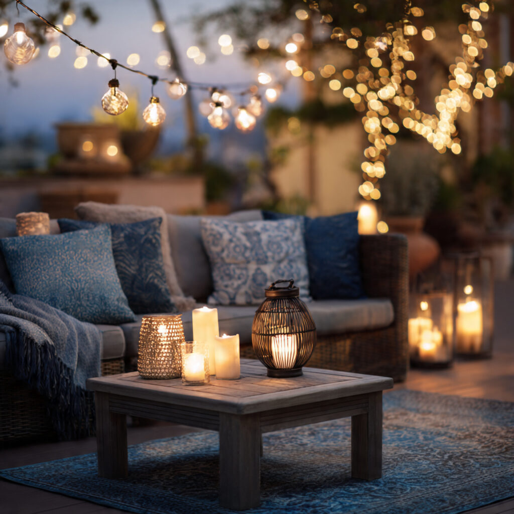 outdoor candles add instant coziness to boho