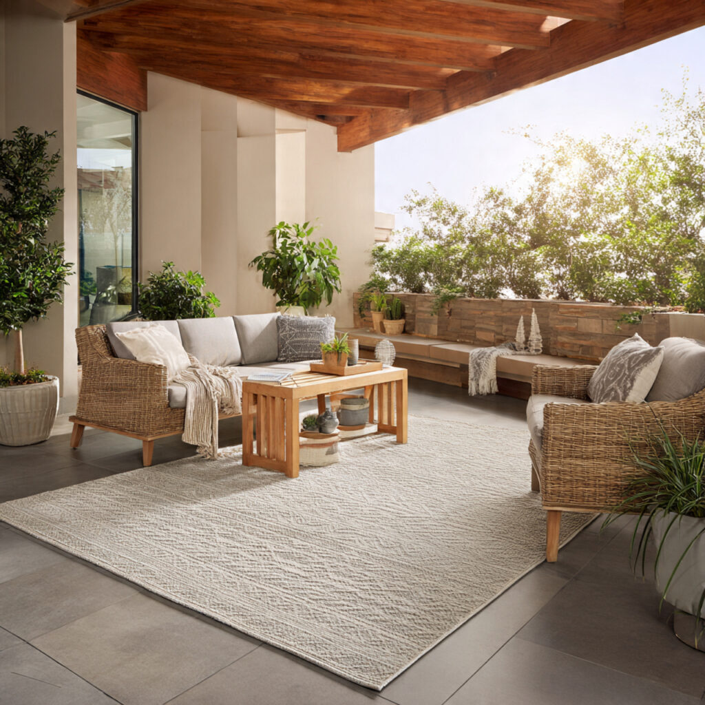 outdoor rugs help define areas within covered