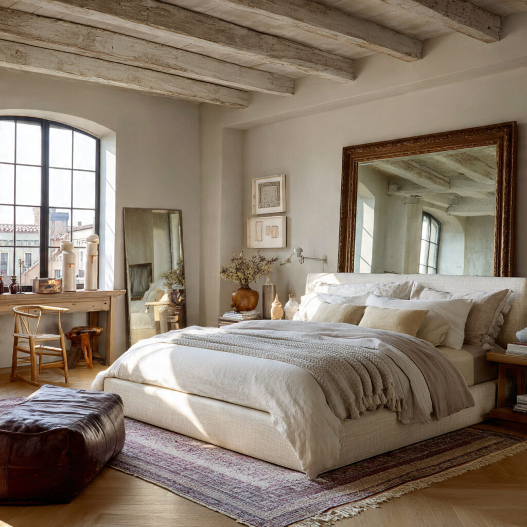 oversized mirror behind a bed without a