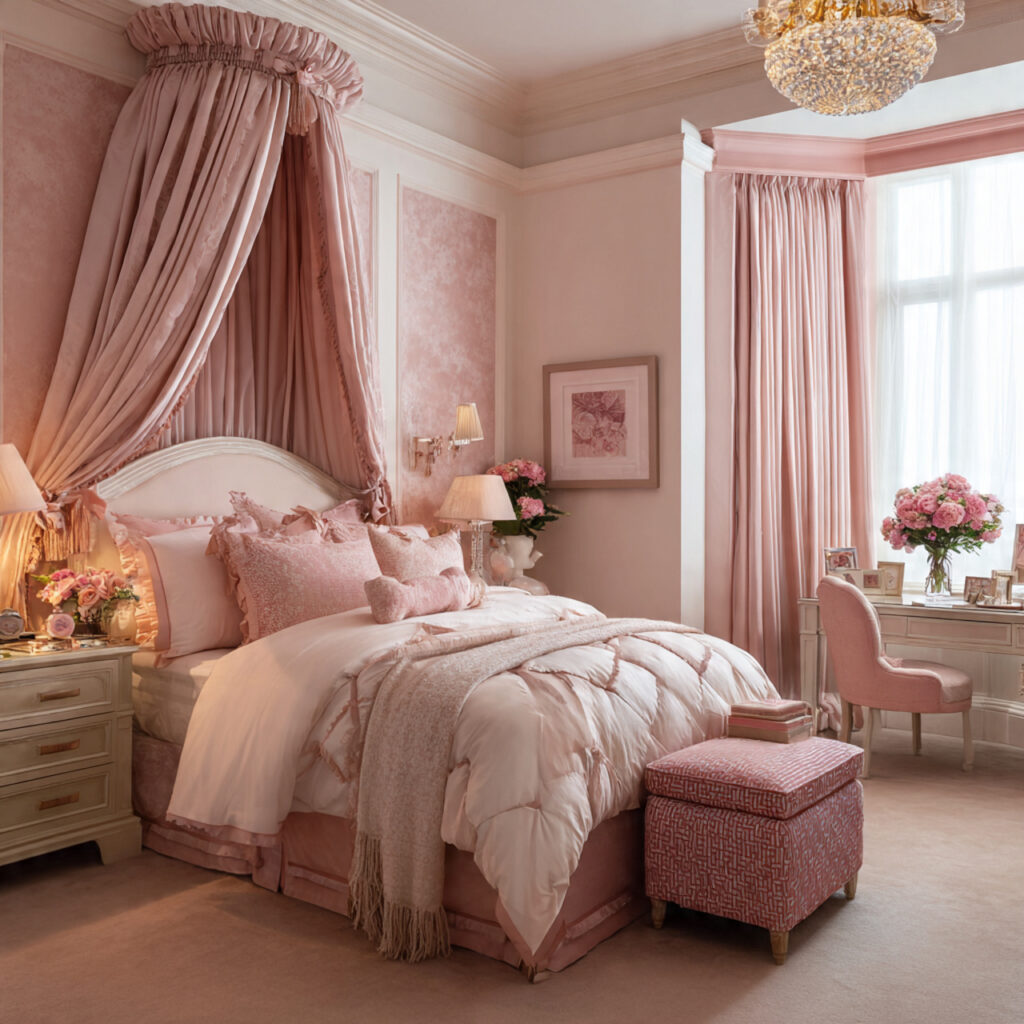 pink coquette bedroom with bow and ribbon