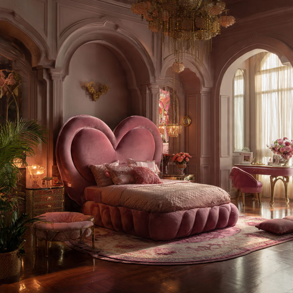 pink coquette bedroom with heart motifs