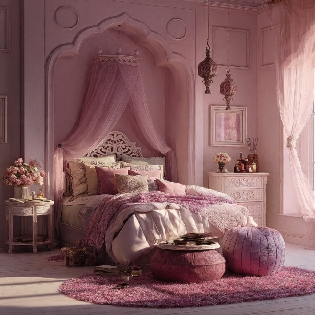 pink coquette bedroom with romantic scent styling