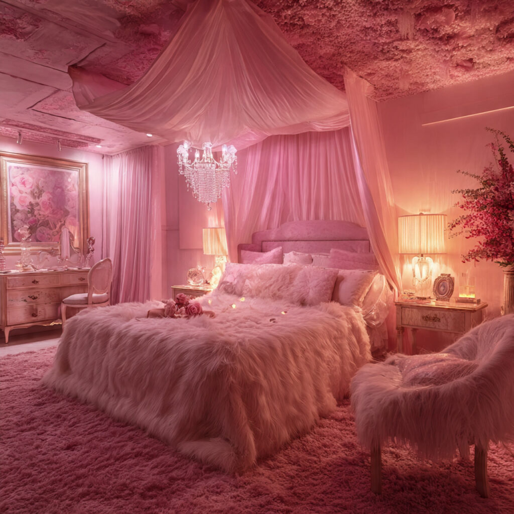 pink coquette bedroom with soft ambient lighting