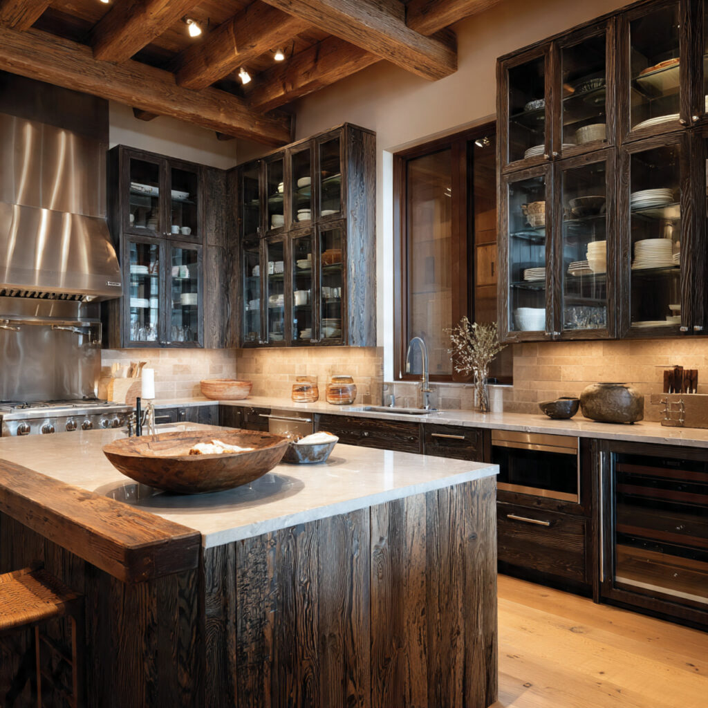 rustic modern kitchen with glass front cabinets