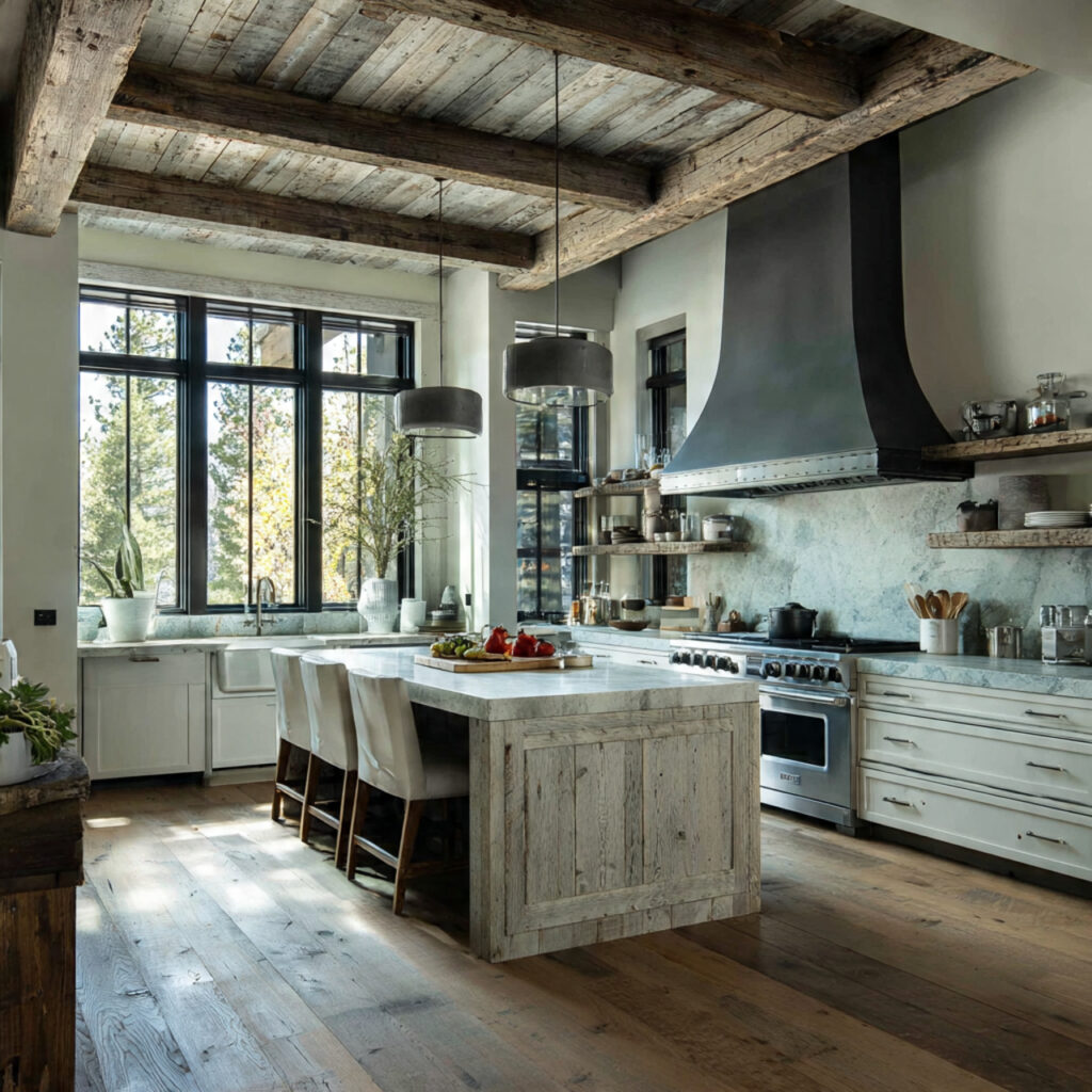 rustic modern kitchen with statement range hood