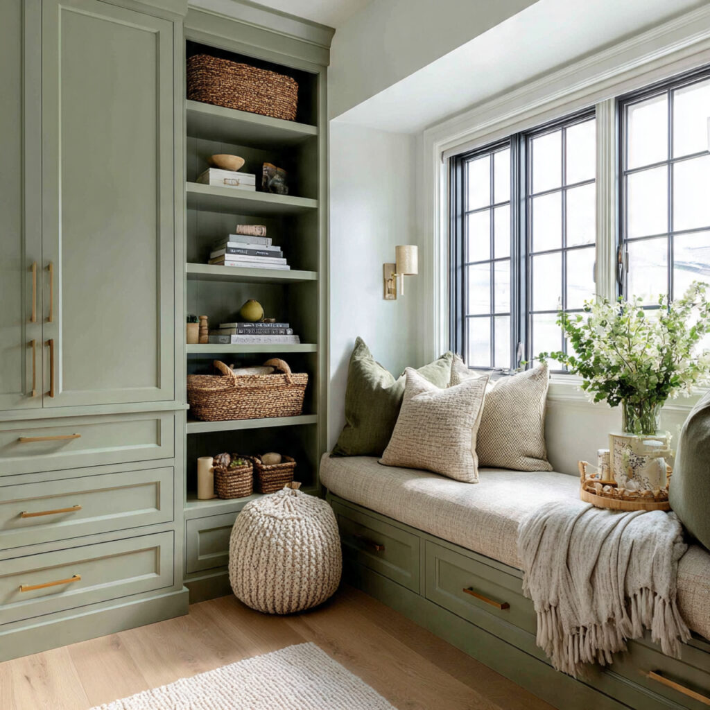 25 Sage Green Bedroom Ideas That Feel Calm and Aesthetic 17 sage green built in storage solutions combine functionality