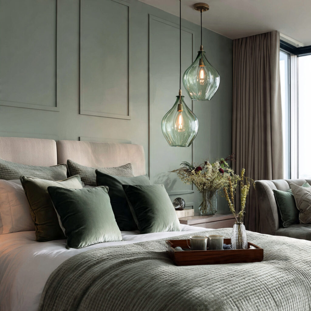 25 Sage Green Bedroom Ideas That Feel Calm and Aesthetic 14 sage green pendant lights in a bedroom