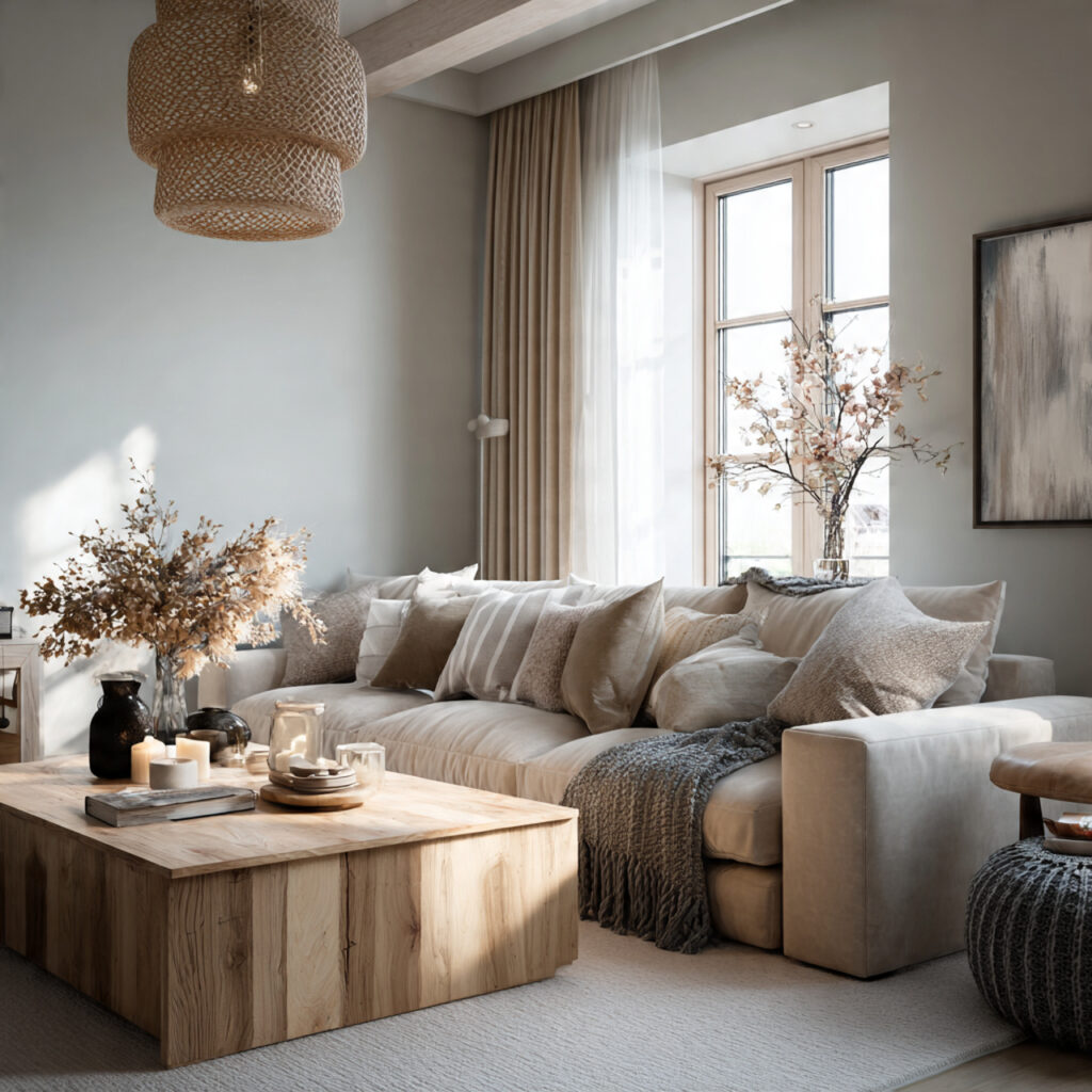 scandinavian interior design with wood elements light