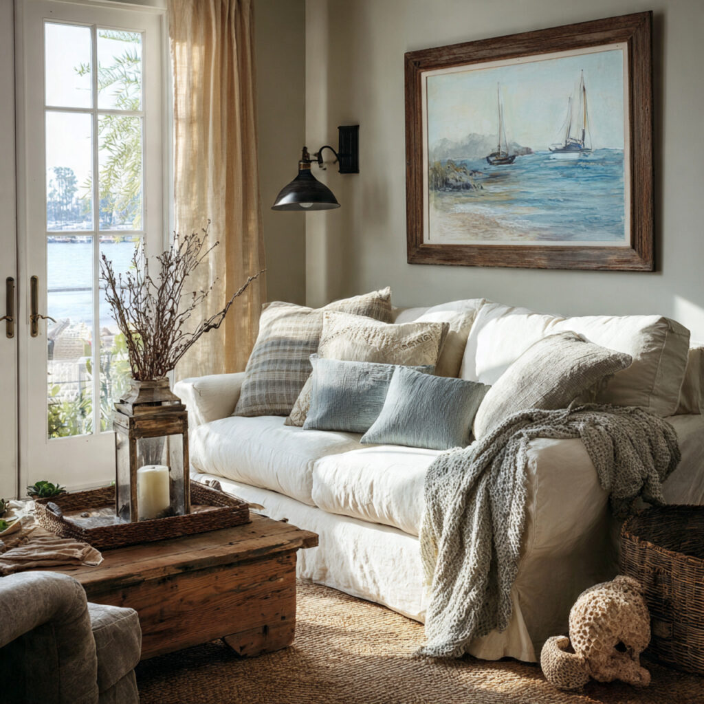 slipcovered furniture with textured throw pillows and