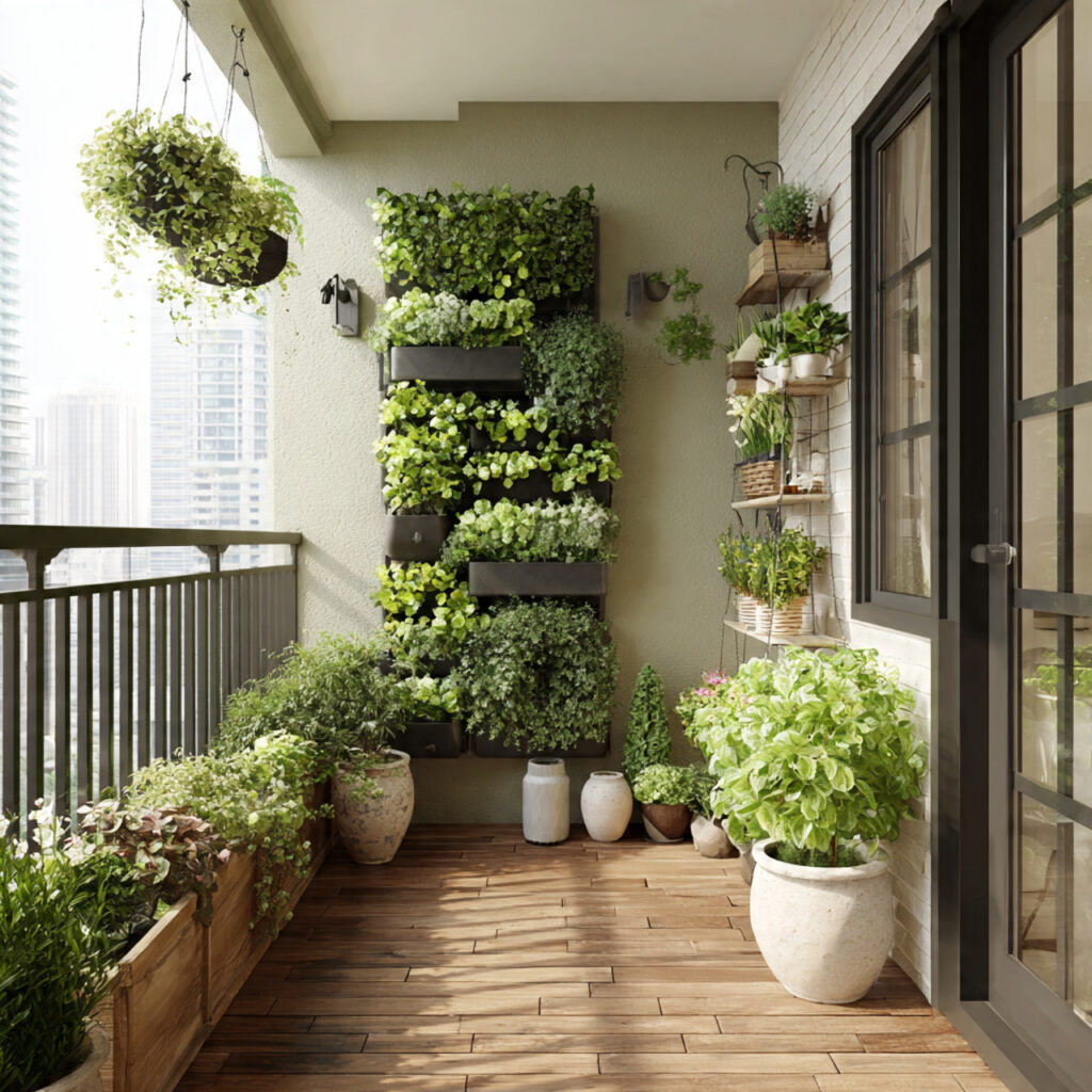 small apartment balcony with a vertical plant