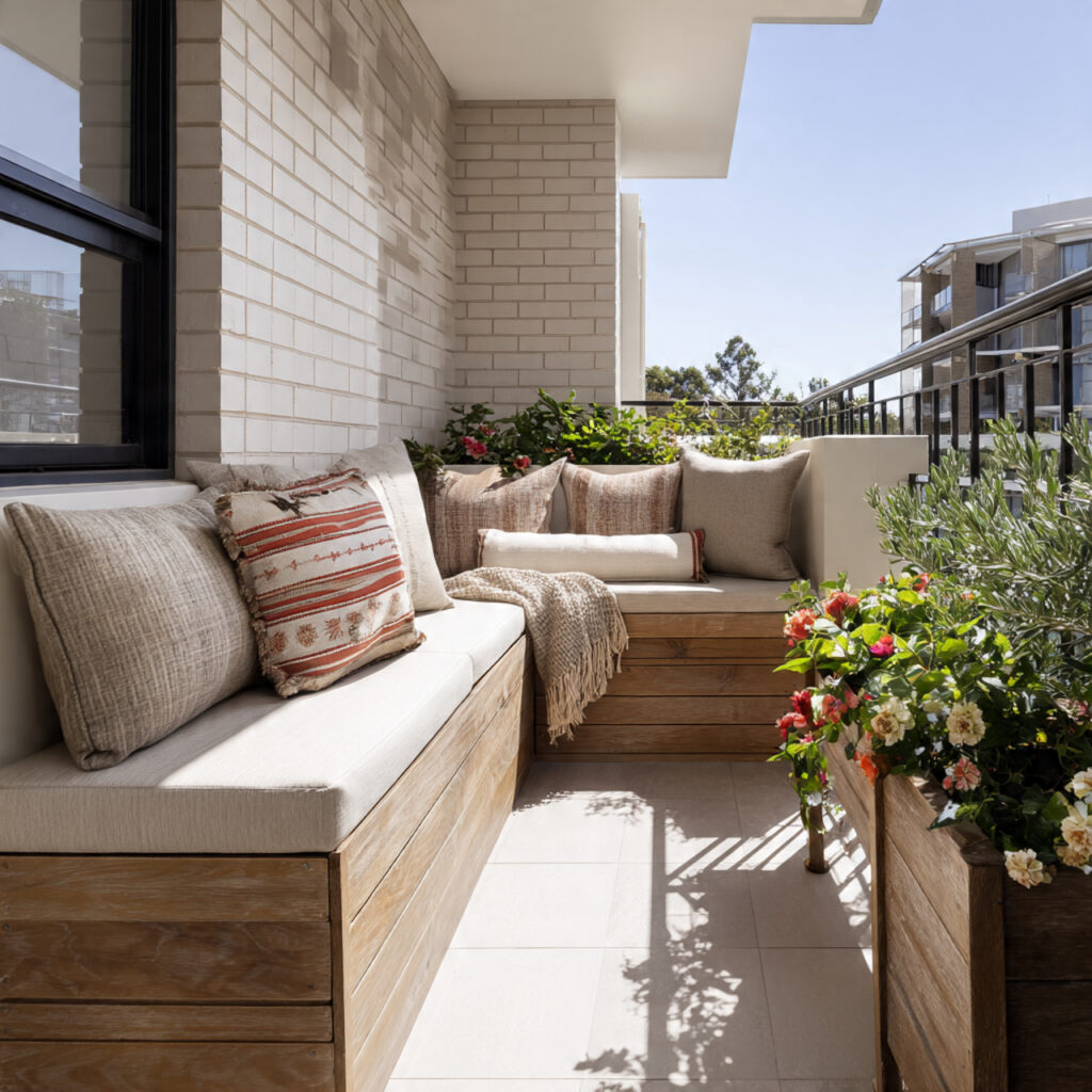 small apartment balcony with built in bench seating