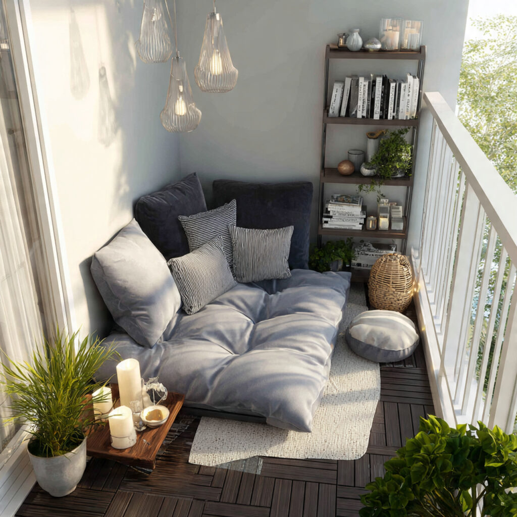 small apartment balcony with floor seating setup