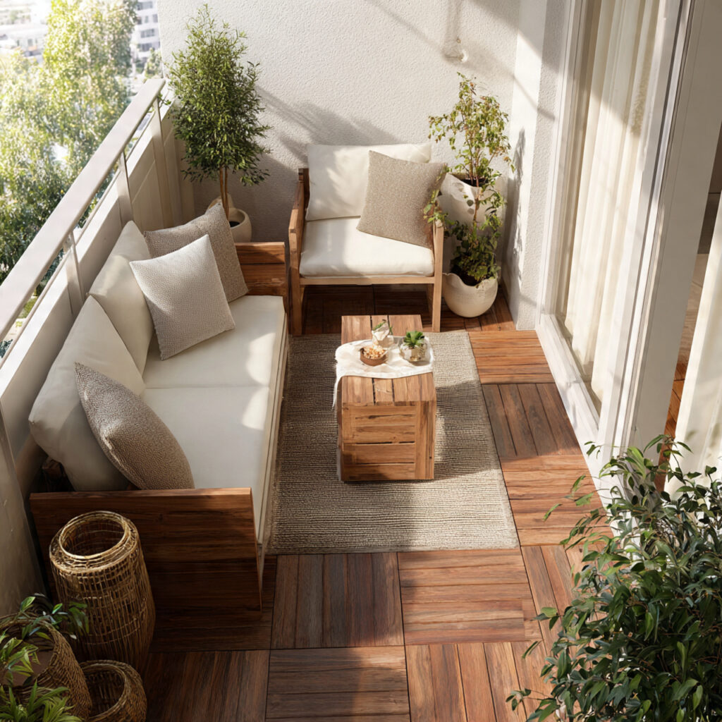 small apartment balcony with natural wood elements