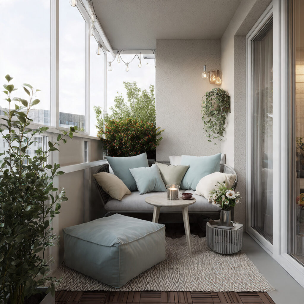 small apartment balcony with soft color palette