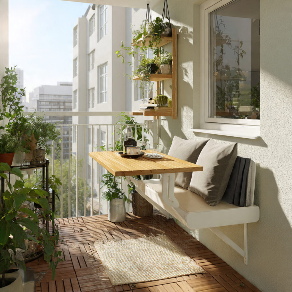 small balcony with rail mounted table