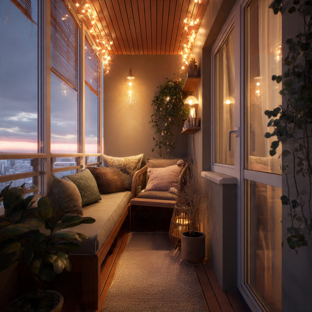 small balcony with warm ambient lighting