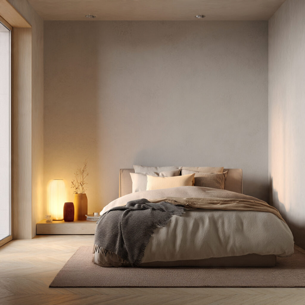soft ambient lighting helps a minimalist bedroom