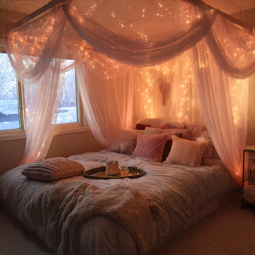 soft fairy lights around the bed