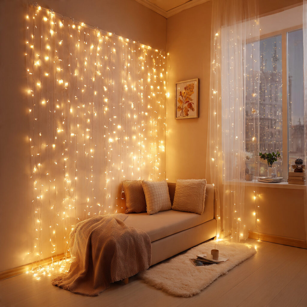 soft fairy lights placed in corners of