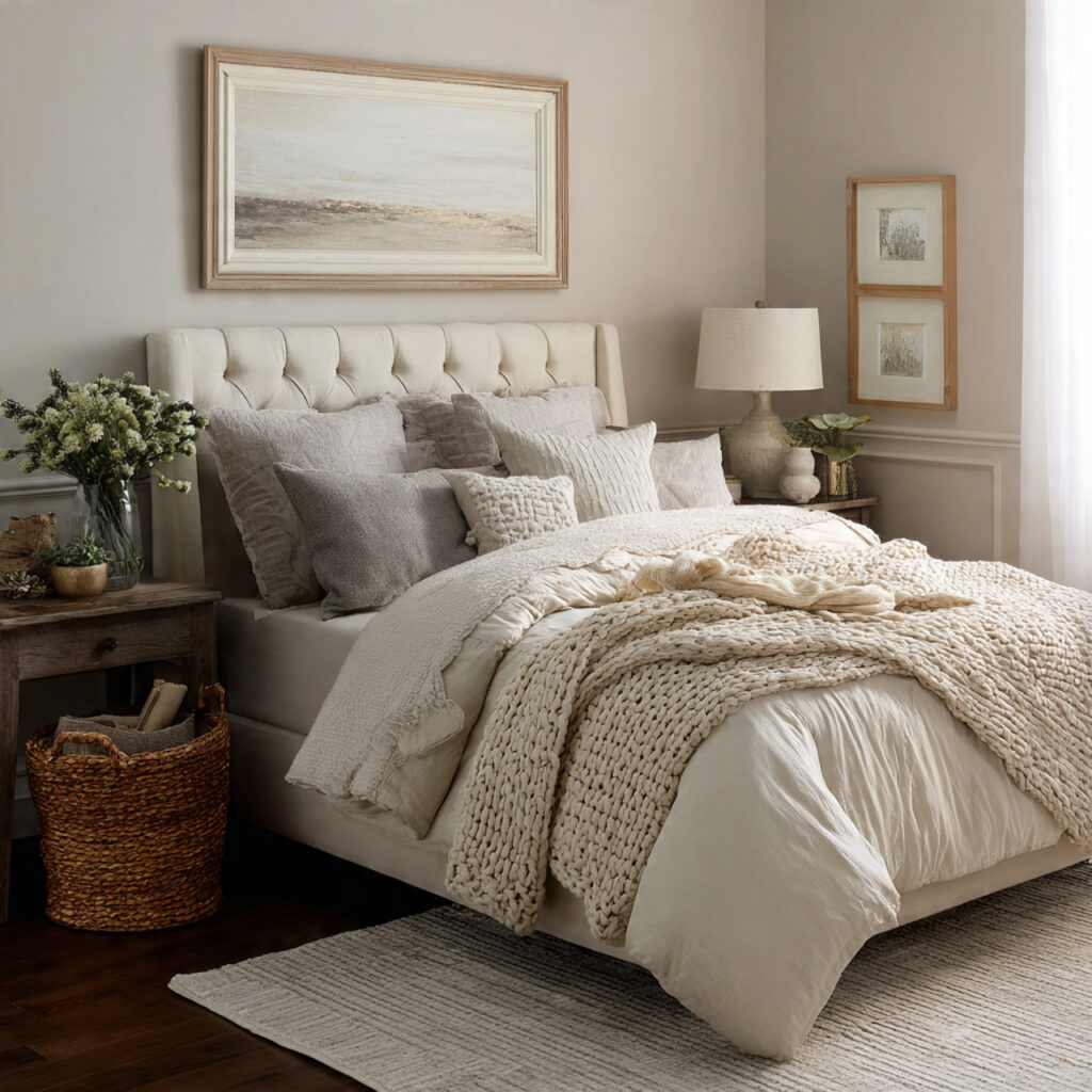 soft neutral bedding creates a peaceful bedroom