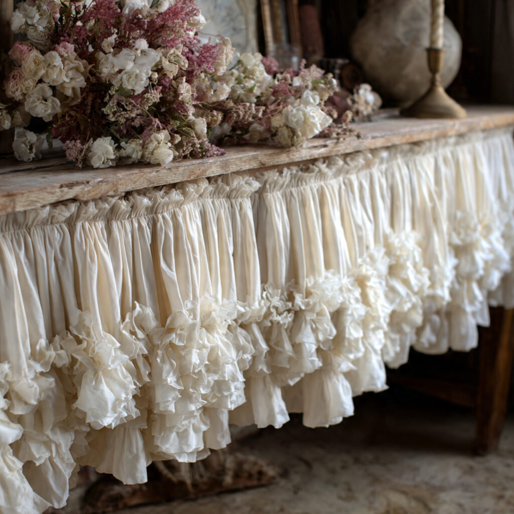 soft ruffled curtains or table skirts