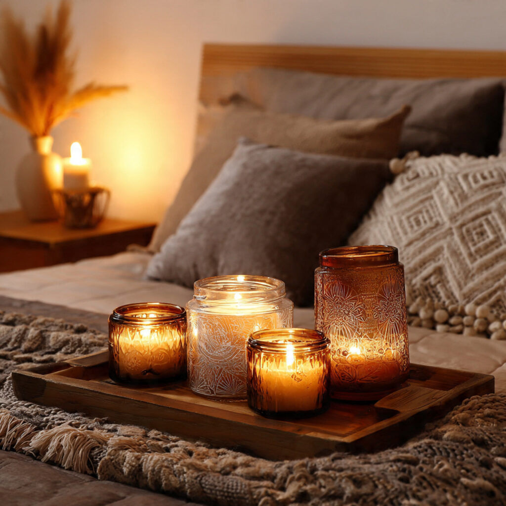 soft scented candles enhance the cozy boho