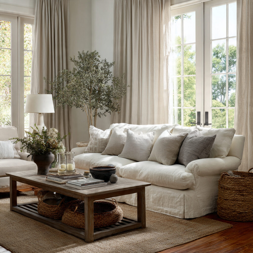 southern home decor with neutral linen and