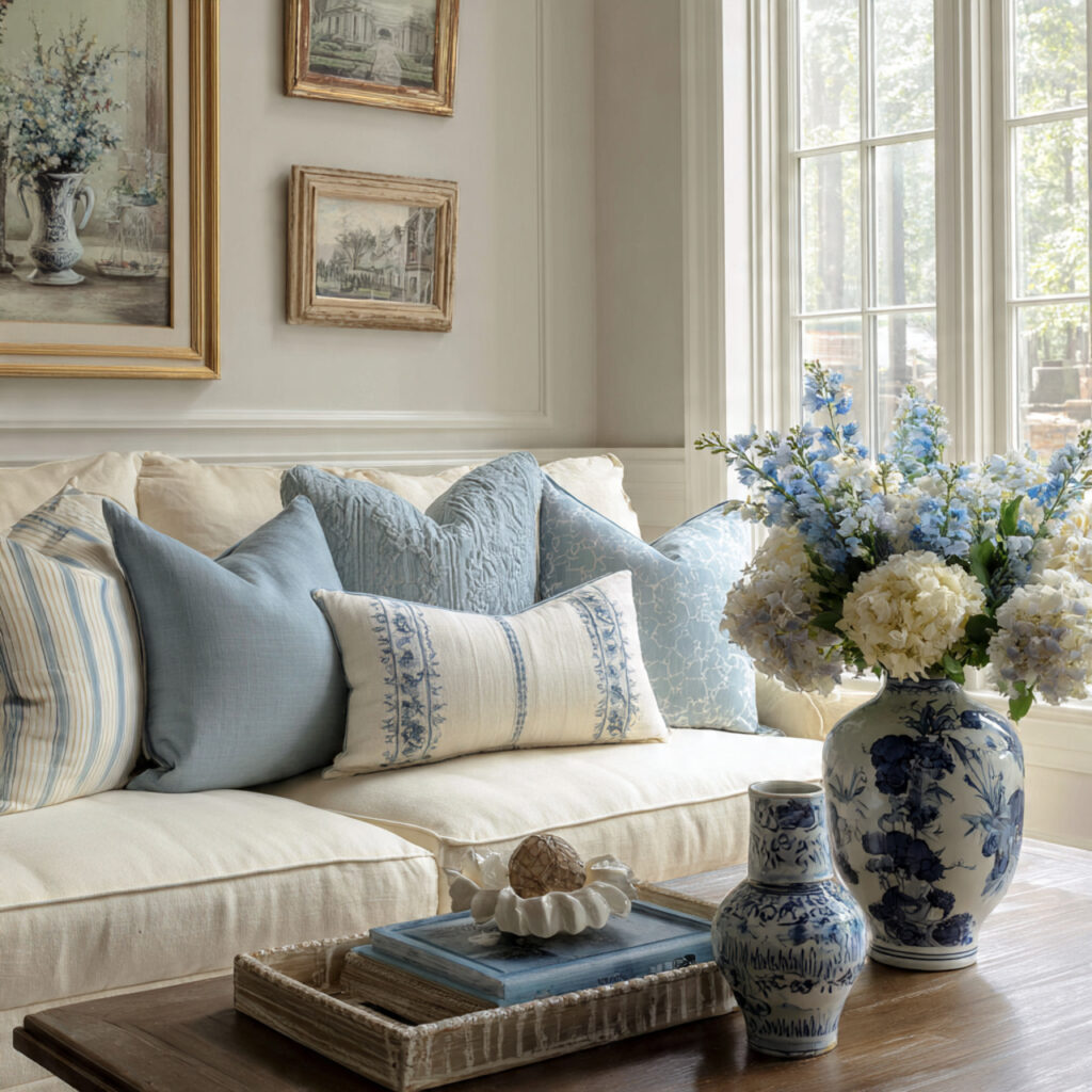 southern home decor with soft blue accents