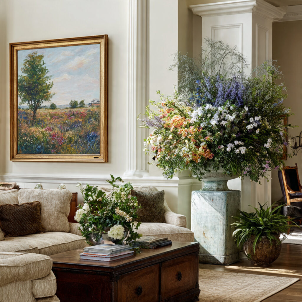 southern interior with fresh flowers and greenery