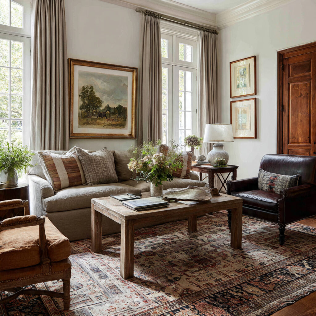 southern living space with traditional rug design